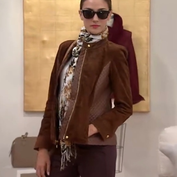 Isaac Mizrahi Suede & Lamb LeatherJacket w/ Quilted Details Saddle Brown SZ 14 - Picture 2 of 16